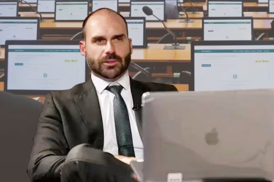 O deputado federal Eduardo Bolsonaro em entrevista à BBC, em Washington / Foto: BBC | Ao fundo, o Conselho de Ética da Câmara dos Deputados / Imagem: Elaine Menke/Câmara dos Deputados