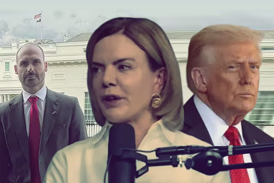 Ministra das Relações Institucionais, Gleisi Hoffmann, participa do Flow Podcast, exibido em 24.10.2025 / Imagem reprodução/Flowpodcast | Ao fundo, Eduardo Bolsonaro na frente da Casa Branca e o presidente dos EUA, Donald Trump | Montagem