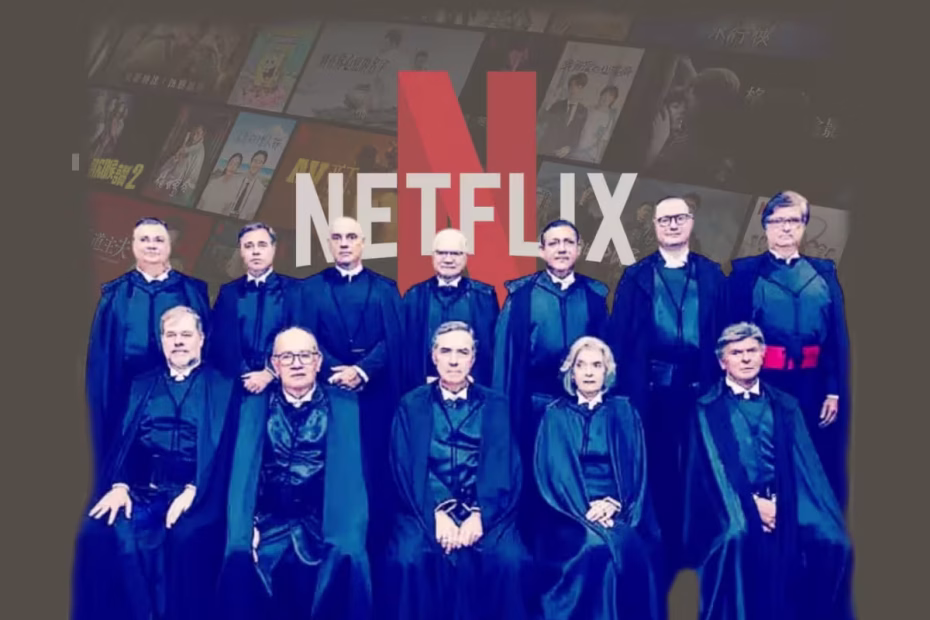 Ministros do STF posam para foto oficial / Crédito: STF | Ao fundo, a logomarca da NetFlix / Reprodução