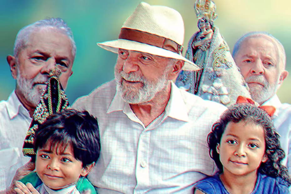 O Presidente LULA em três momentos distintos: com a imagem de Nossa Senhora Aparecida, com a imagem de Nossa Senhora de Nazaré e com duas crianças / Imagens reprodução/X Fotos: Ricardo Stuckert
