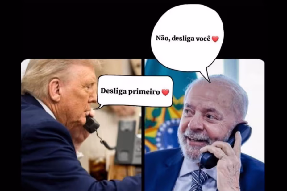 Meme com Lula e Trump retrata conversa amistosa entre os dois presidentes / Reprodução redes sociais