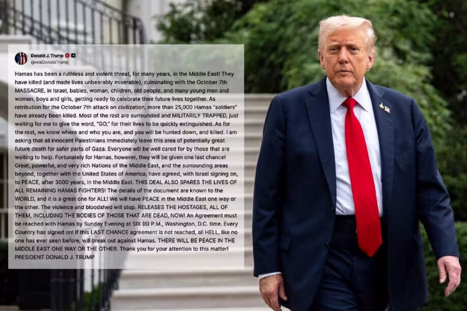 O presidente dos EUA, Donald Trump, caminha para falar com repórteres antes de partir no Marine One do Jardim Sul da Casa Branca, em Washington |30.9.2025| Foto: Alex Brandon/AP | Ao lado, print da ameaça do republicano ao Hamas