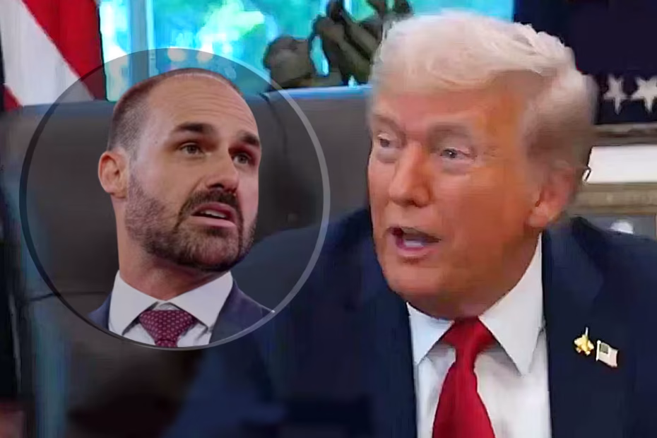 O presidente dos EUA, Donald Trump, durante entrevista a jornalistas na Casa Branca |6.10.2025| Imagem reprodução/X | No detalhe, Eduardo Bolsonaro discursa durante a Conferência da Ação Política Conservadora em Maryland, nos EUA |Fev/2025| Foto: Saul Loeb/AFP