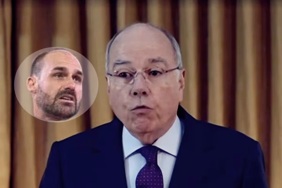 Mauro Vieira durante coletiva a jornalistas após reunião com o secretário de Estado dos EUA, Marco Rubio |16.10.2025| Imagem reprodução | No detalhe, o deputado federal Eduardo Bolsonaro / Imagem redes sociais
