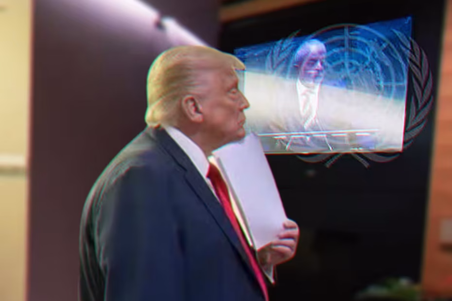 Trump assiste discurso de Lula na Assembleia Geral da ONU |23.9.2025| Foto: UN Photo/Mark Garten (recorte e montagem Urbs Magna)